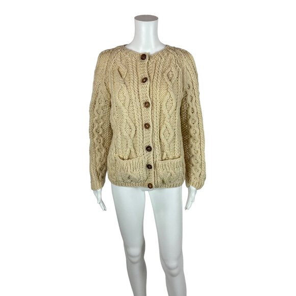 Vintage 70s Wool Cardigan Women's Extra Large Cream Cable Knit Sweater Italian